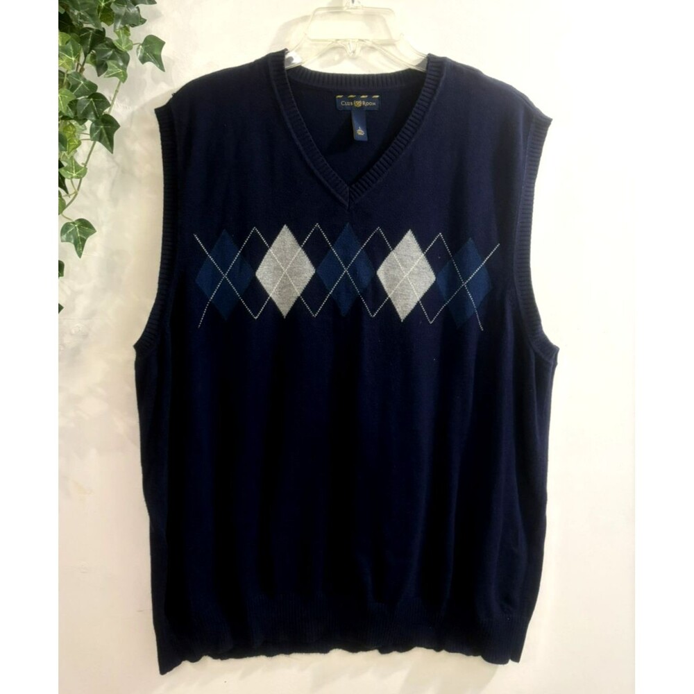Club Room Men Large Argyle Sweater Vest Blue Cotton Preppy Nerd Golf GrandpaCore
